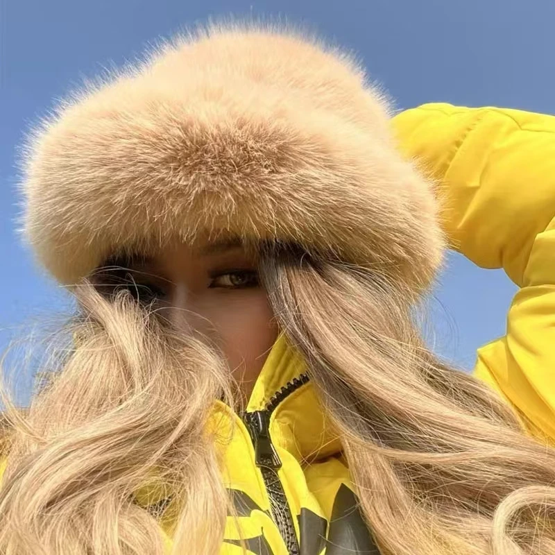 2024 Big Faux Fur Fluffy Bucket Hat for Women Luxury Plush Winter Hat Thicken Snow Oversized Fur Bucket Hat Soft Big Panama Cap