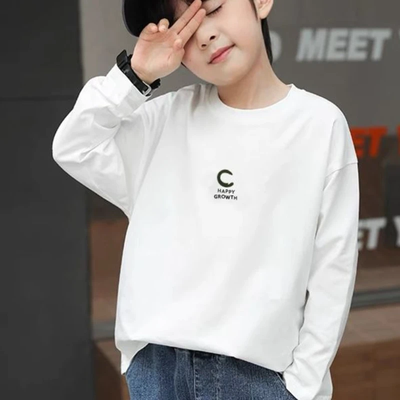 Boys Long Sleeve Cotton T Shirt Casual Loose Fit Base Layer Top Autumn Spring Kids Fashion Solid Color Pullover