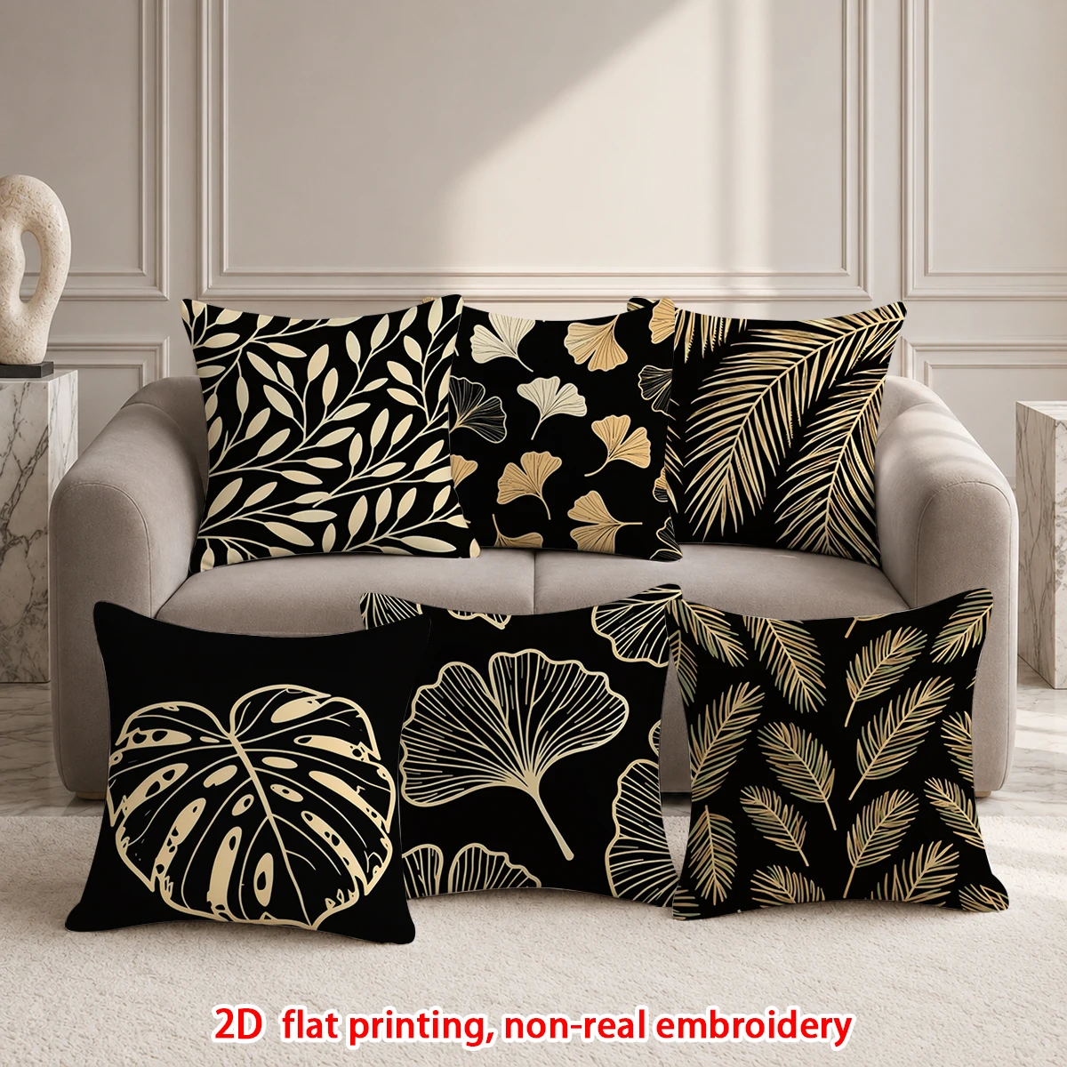 1pc  Black Gold Tropical Leaves Throw Pillow Covers, Modern Botanical Cushion Cases for Home Decor