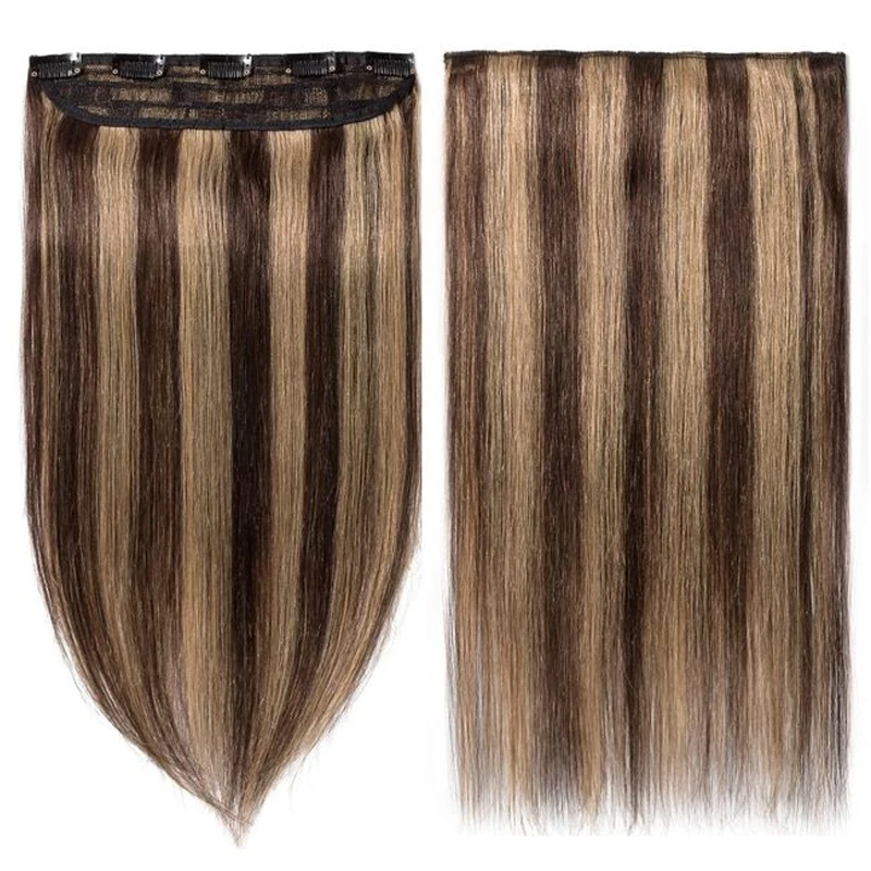 Clip In Human Hair Extensions One 5 Piece Clips Full Head-Thicker Standard Weft P4/27 Medium Brown Huamn Hair 16-26 Inches