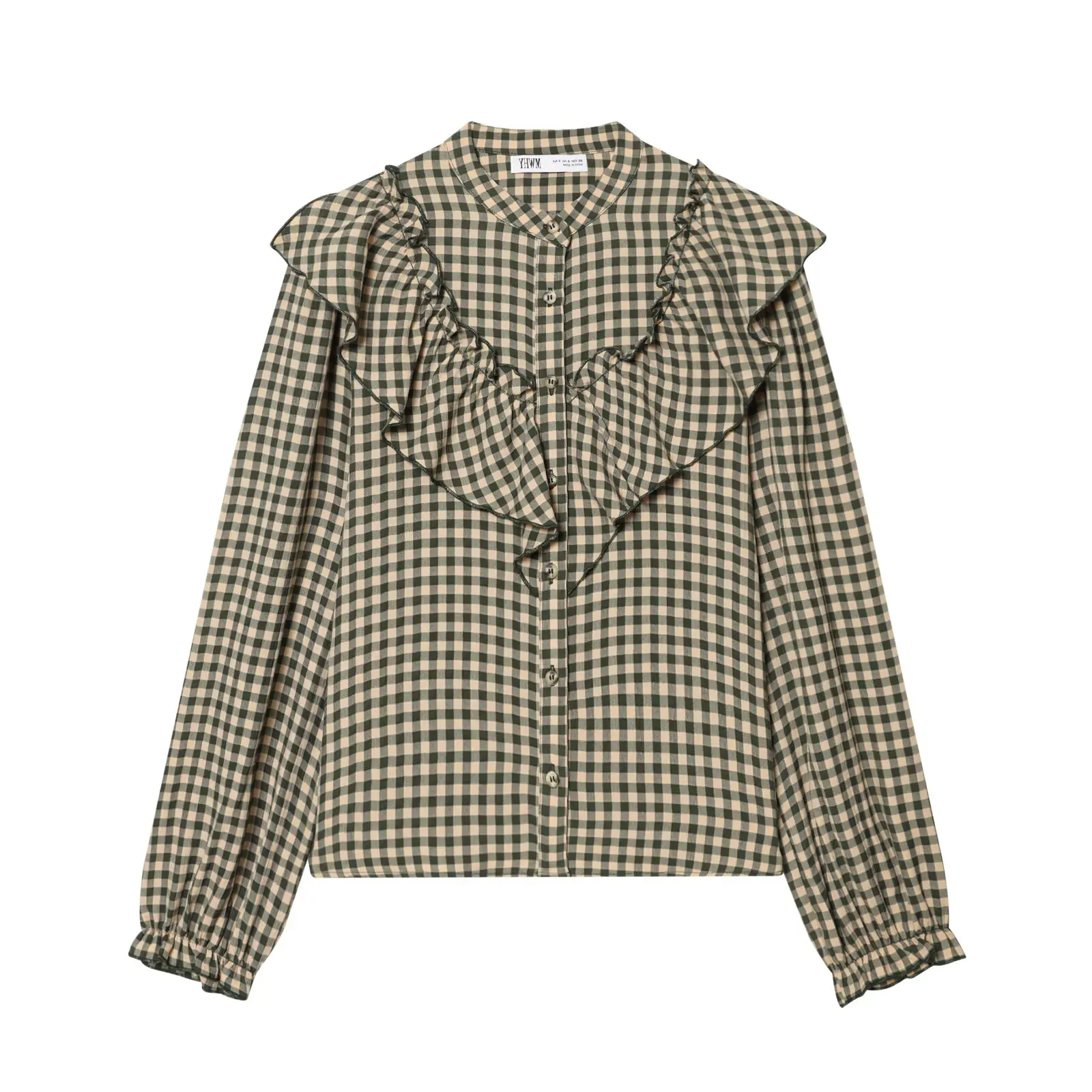Zevity Women Vintage Stand Collar Plaid Print Blouse Office Lady Cascading Ruffles Buttons Shirt Chic Chemise Blusas Tops LS9540