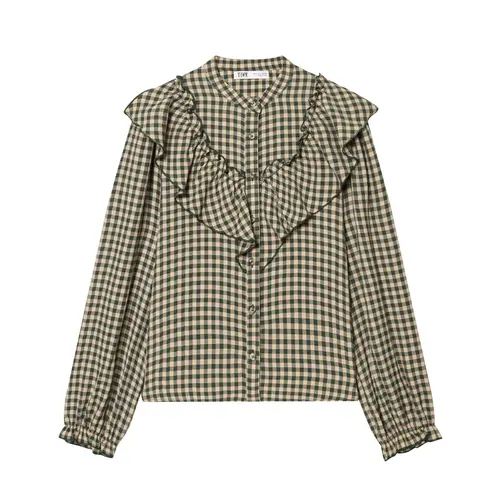 Imagen 2 del producto Zevity Blusa Vintage con cuello alto y estampado a cuadros para mujer, camisa con botones y volantes en cascada para oficina, Blusas elegantes LS9540