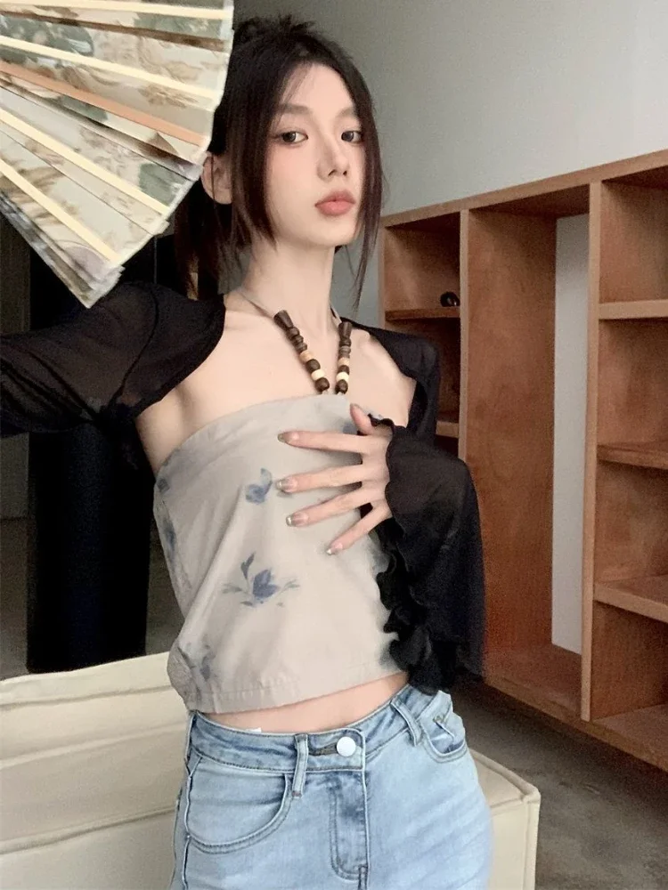 캐미솔 세트 여성 2pcs 레트로 섹시한 자른 슬림 자켓 간단한 모든 경기 플레어 슬리브 Sun-proof Hot Girls 한국 스타일 여름