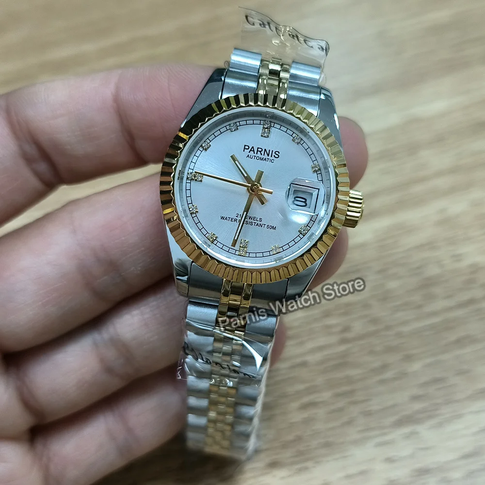 Parnis 26mm Silver Gold ผู้หญิง Sapphire คริสตัล Miyota6T51 อัตโนมัตินาฬิกาข้อมือสแตนเลส Jubilee สร้อยข้อมือ