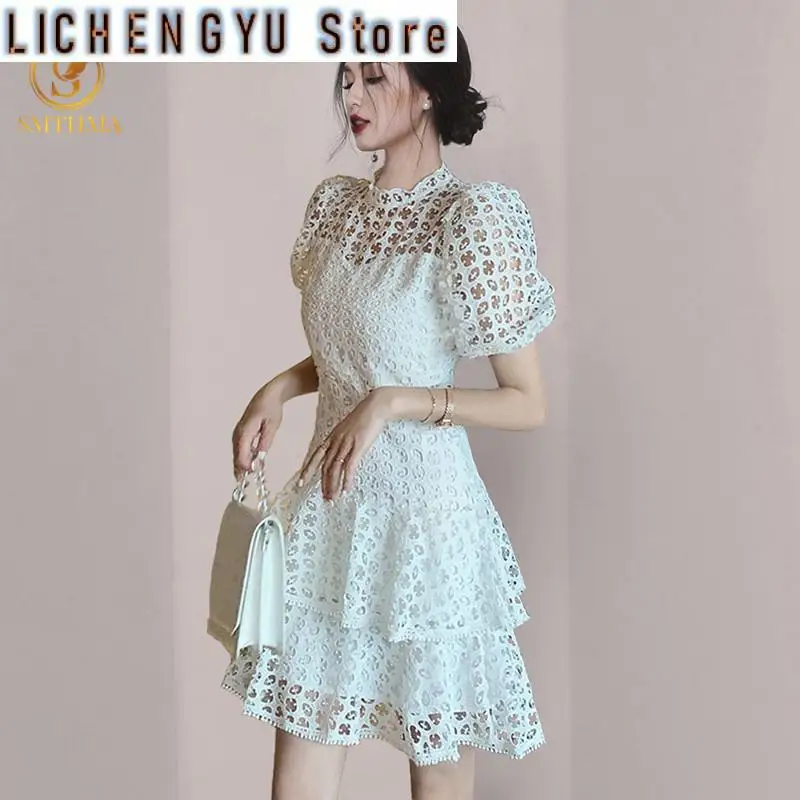 

New Fashion White Lace Hollow Out Dresses Women High Waist Vintage Puff Short Sleeve Runway Summer Dress Female Elegant Clothes