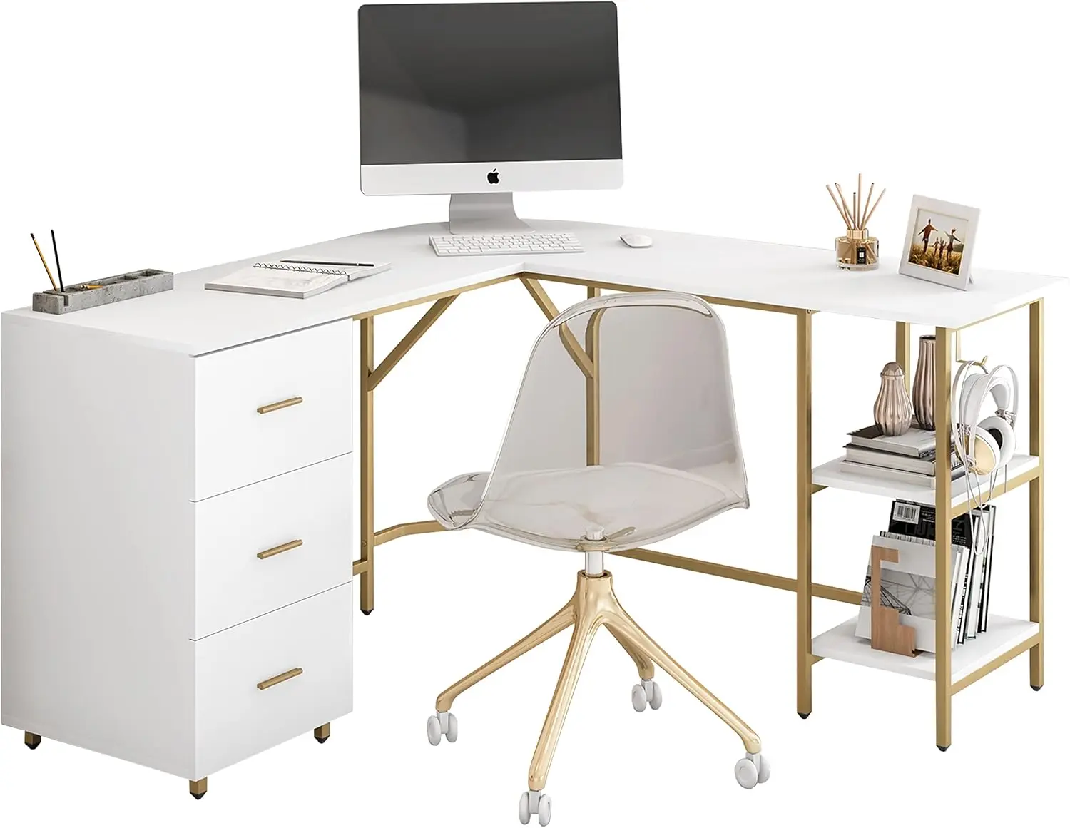 L Shaped Desk - Two-Toned Computer Desk with Drawers & Storage Shelves - Simple Modern Furniture & Home Office Space Corner