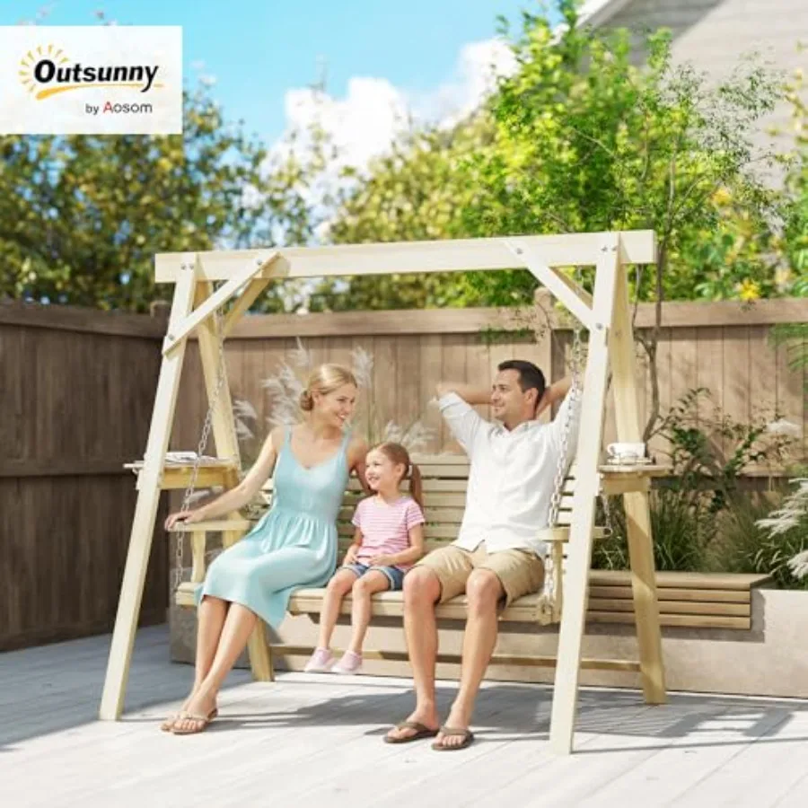 3 Seat Porch Swing with Stand Outdoor Swing Bench Natural Wood for Patio Use, Solid Wood Construction, Light Brown Finish, Weat