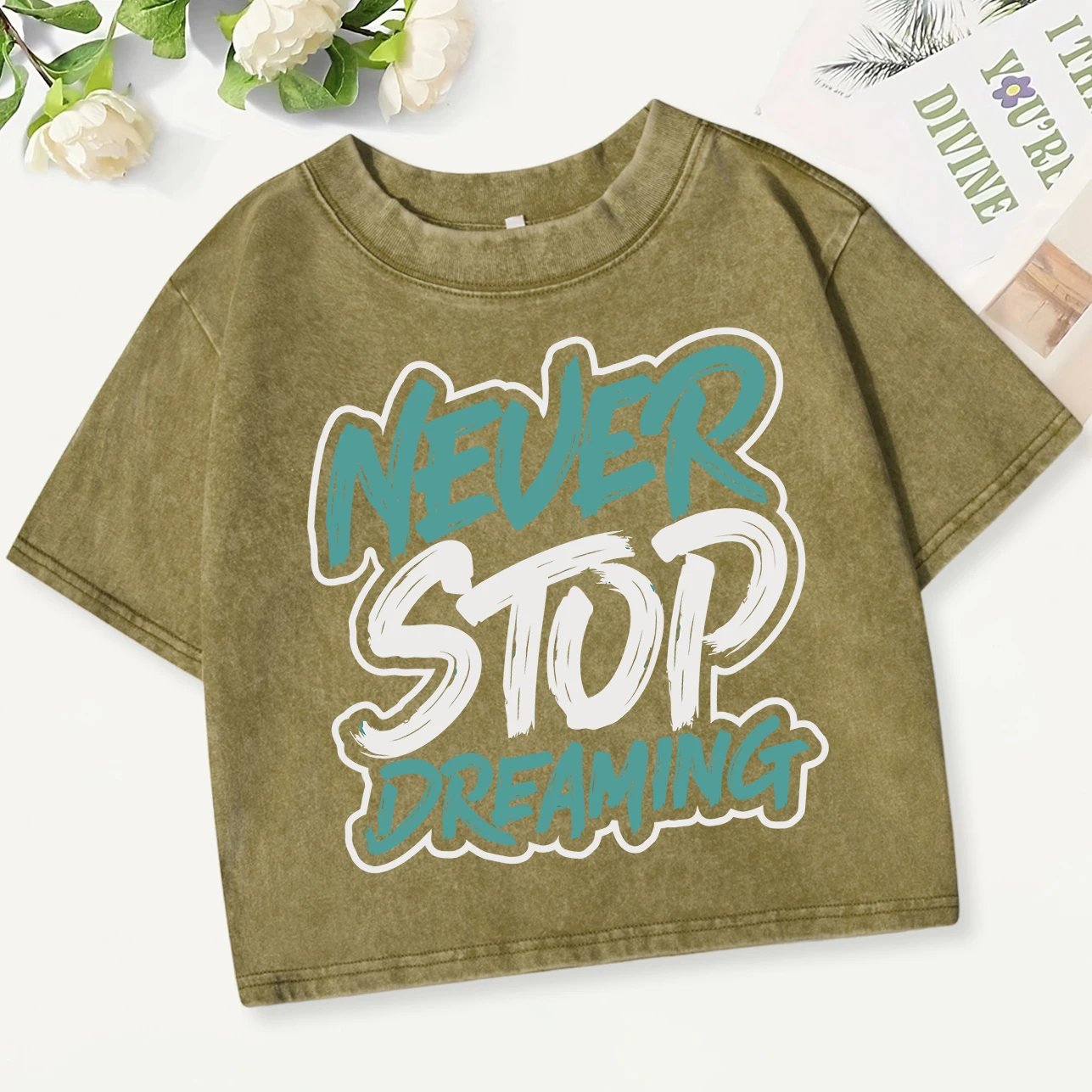 

Never Stop Dreaming Art Letter Washed T Shirts Women Cotton New Tee Crewneck Tops Street Fitness Trendy Short Sleeve Womans