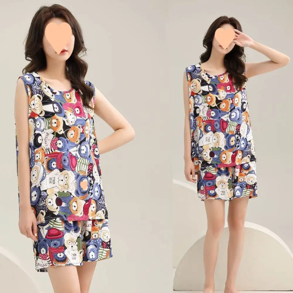 

Cute Woman's Pajamas Set Floral Printed Lattice Floral Sleepwear Round Neck Homewear Sleeveless Pajamas Spring Summer