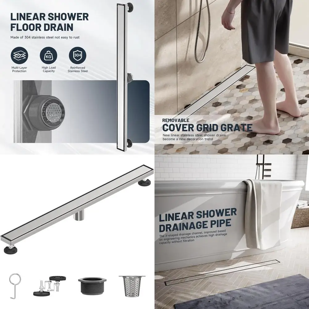 

36 Rectangular Shower Drain with Tile Insert, 304 Stainless Steel, Leveling Feet, Hair Strainer, Brushed Nickel Finish