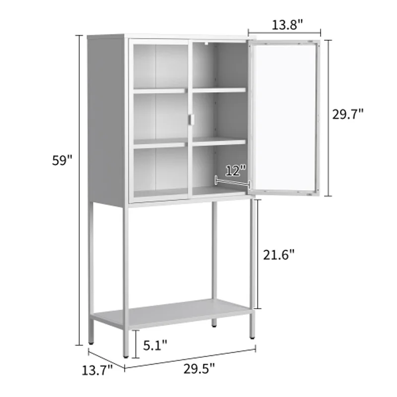 Gabinete de almacenamiento de metal resistente, gabinete de almacenamiento de exhibición con puertas de vidrio y 2 estantes ajustables, estantería alta