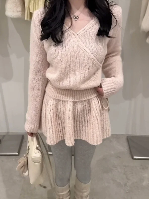 

2025 Winter Warm V-Neck Cross Knitted Sweater And High Waist Skirt Women's Fashion Two-Piece Set Comfortable Casual Outfit