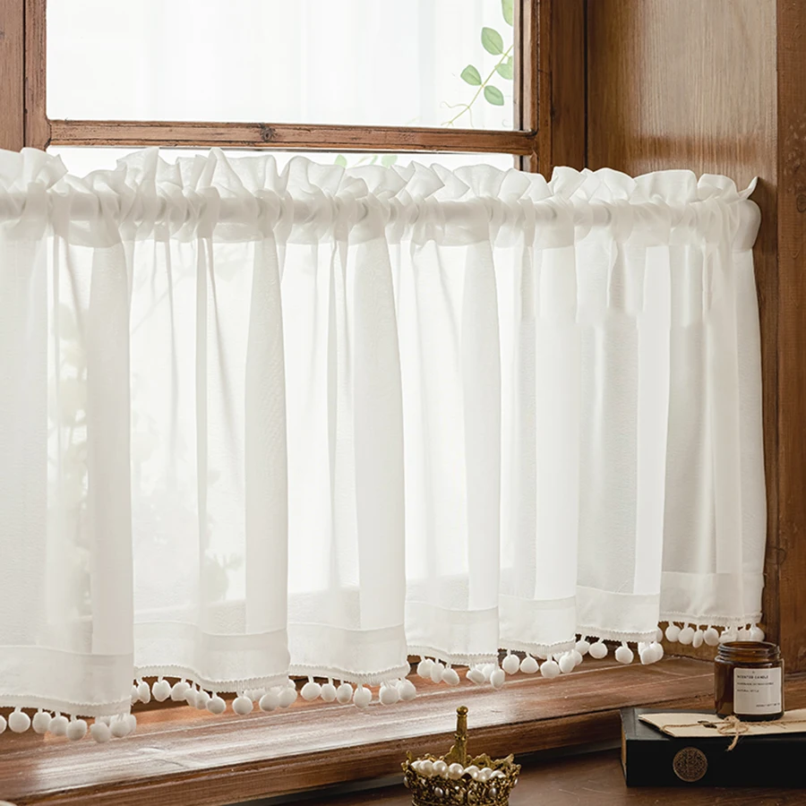 

Modern White Versatile Gauze Curtains, Bottom edge pom pom Lace Short Curtains For Kitchen Small Door Partition Cabinet Decor