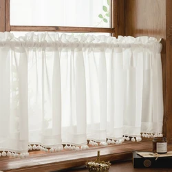 Modern White Versatile Gauze Curtains, Bottom edge pom pom Lace Short Curtains For Kitchen Small Door Partition Cabinet Decor