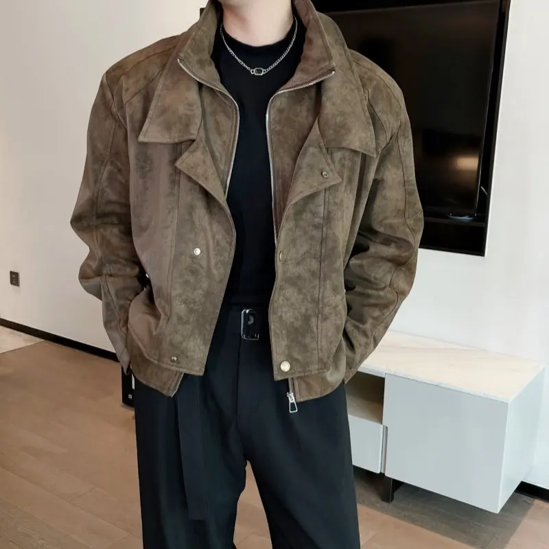 

Осень-зима коричневая замшевая куртка мужская свободная с двойным воротником искусственная двухсекционная кожаная куртка длинная све обычной длины искусственная ...