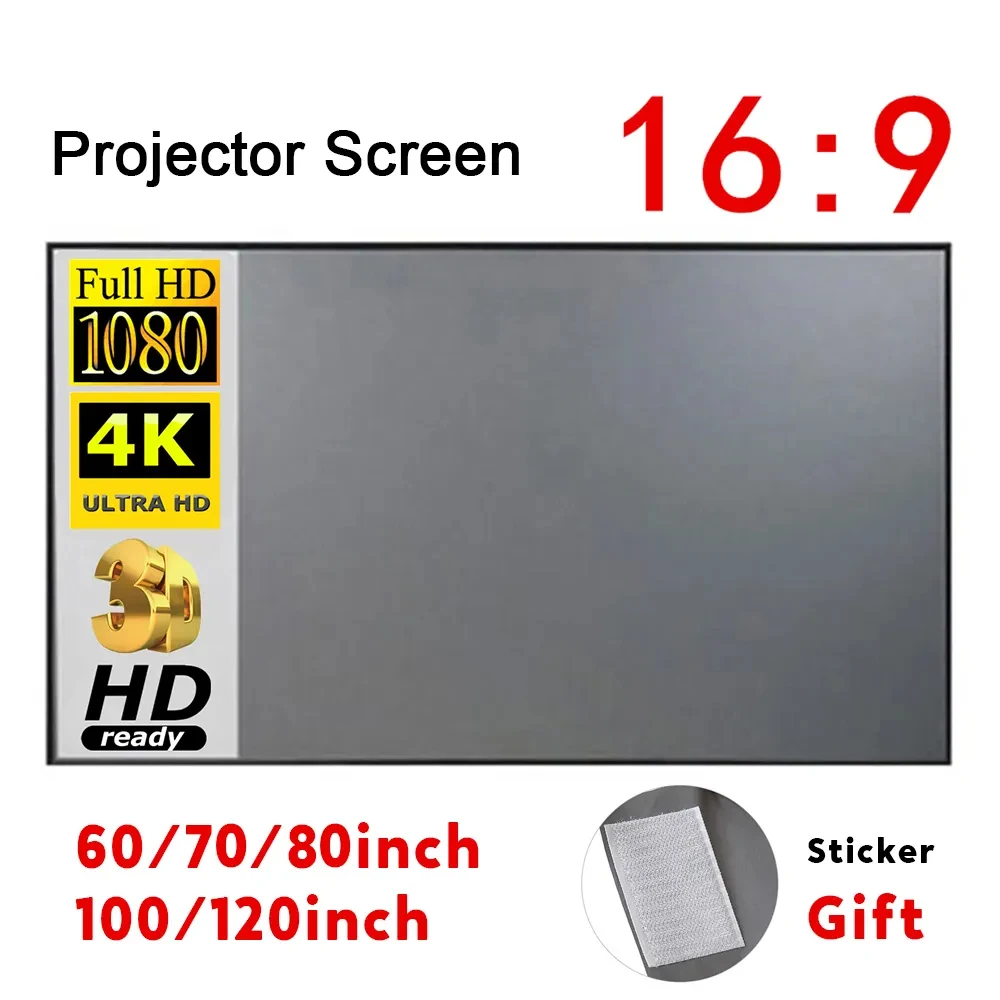 16:9 Simple Projector Curtain 60/72/84/100/120/150 inch Portable HD Display Screen Home Cinema Theater Movie Projection Screen