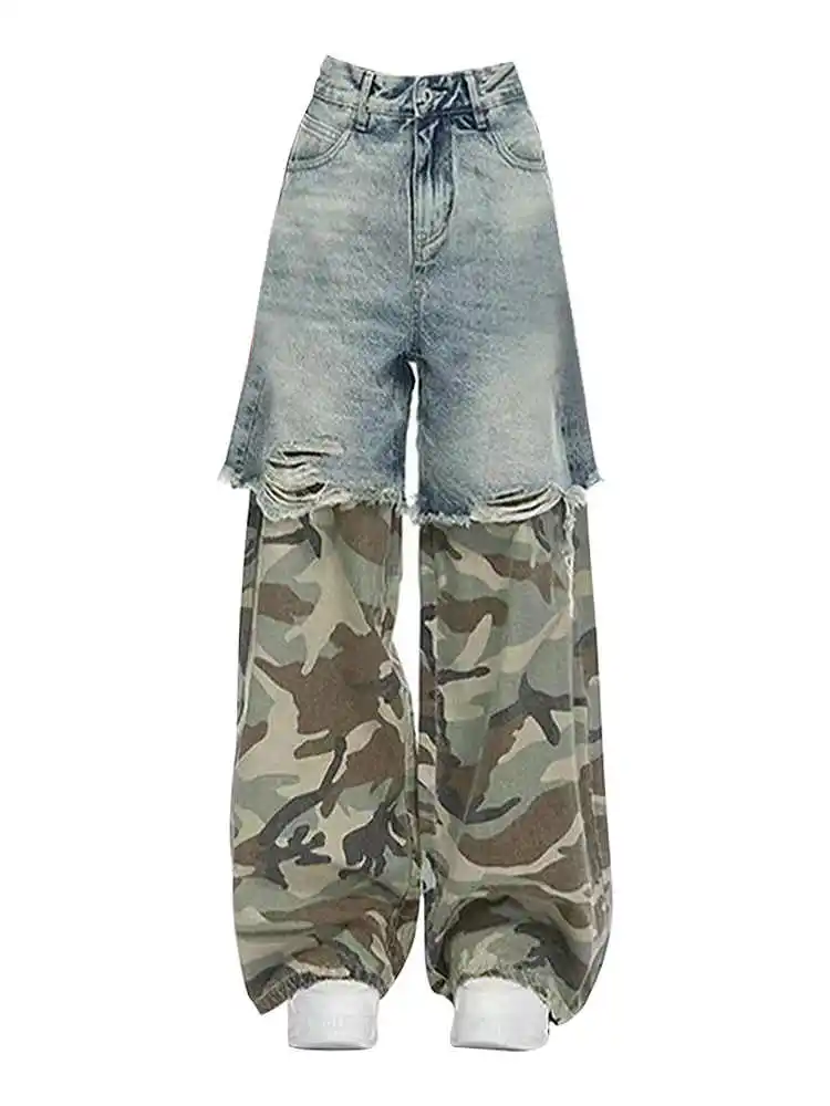 Women's Camouflage Patchwork Cargo Pants Baggy Aesthetic Parachute Pants Harajuku Oversize 2000s Style Y2k Vintage Trousers 2025