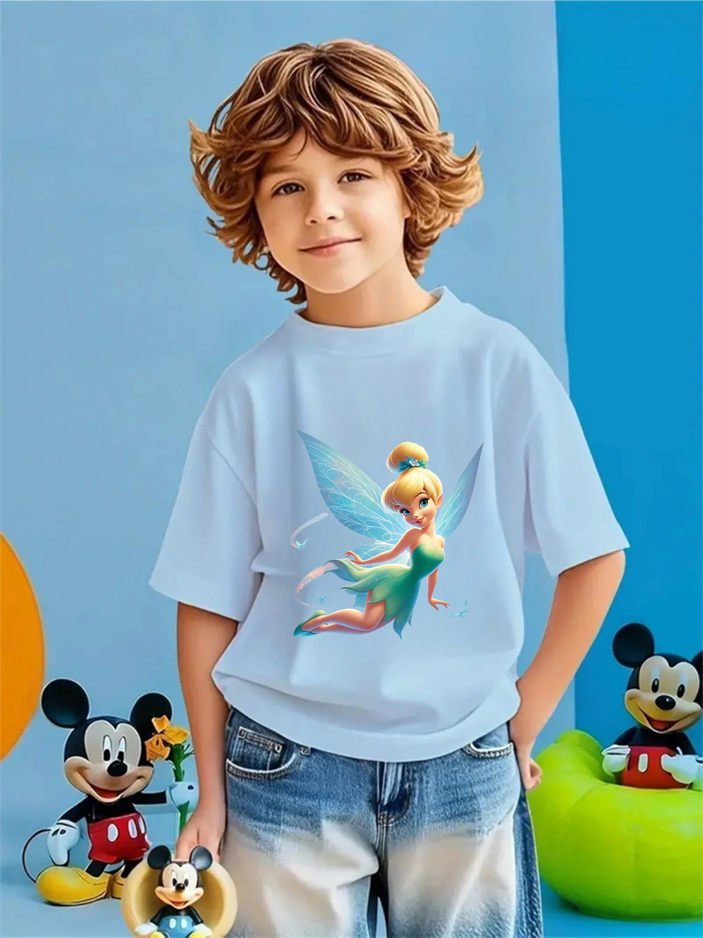 

Летняя футболка с круглым вырезом для мальчиков и девочек, 3-14 лет, с милым мультяшным рисунком Тинкер Белл, модная уличная повседневная одежда для детей