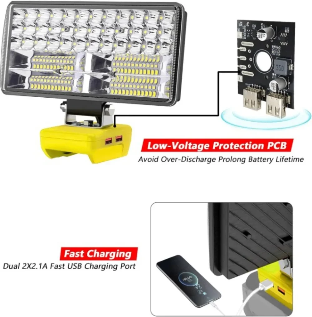 Lampe de travail LED sans fil, 6000 LM, 38W, compatible avec DeWalt, batterie 20V, 2,1 A, lampe de poche portable USB, budgétaire LED avec 2 modes