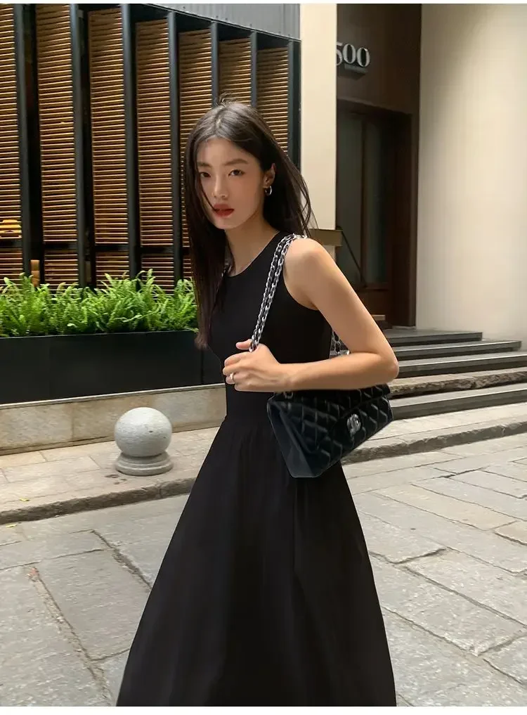 New Vintage Black Tank Top Midi Dress Wedding Dresses for Women Clothing O Neck Office Lady Casual Pockets Women\'s Clothing
