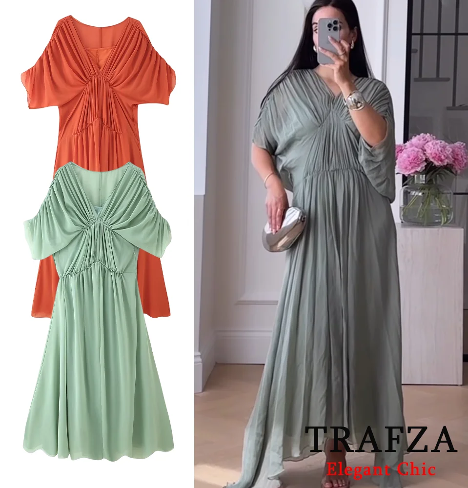 

TRAFZA Elegant Chic Fold Long Dress Women's Short Sleeve V-Neck Pleat Dress 2025 Summer Fashion Holiday Casual Dating Lady Dress