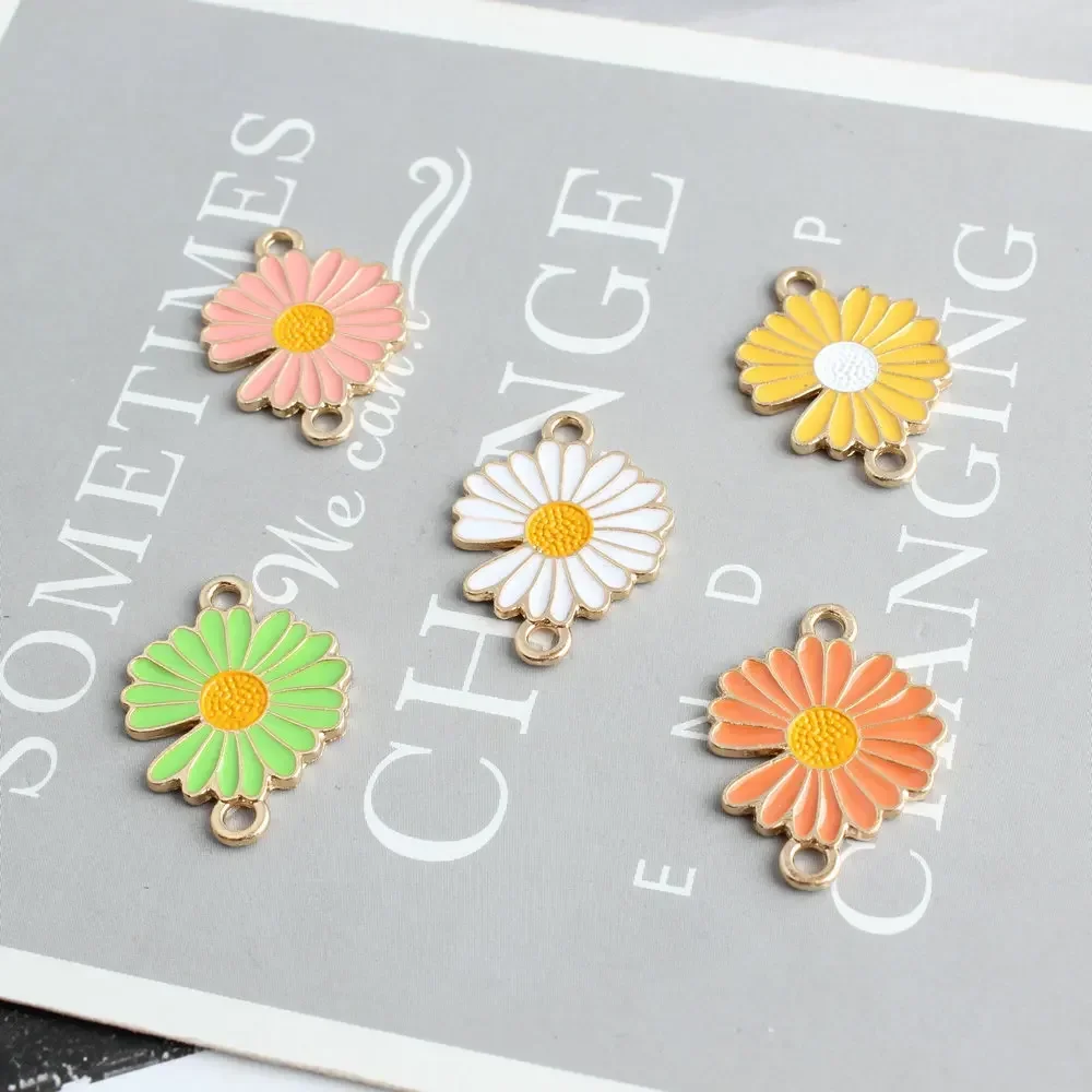 10pcs Pendant with Two Rings Enamel Chrysanthemum Charm  for Necklace Bracelet Jewelry Making DIY Earring Findings