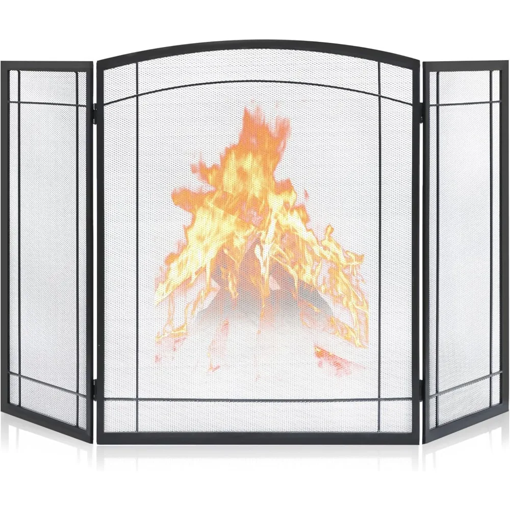 

3 Panel Fireplace Screen, Modern Foldable with Wrought Metal Decorative Mesh, Arch Heavy Duty Fire Spark Guard Cover