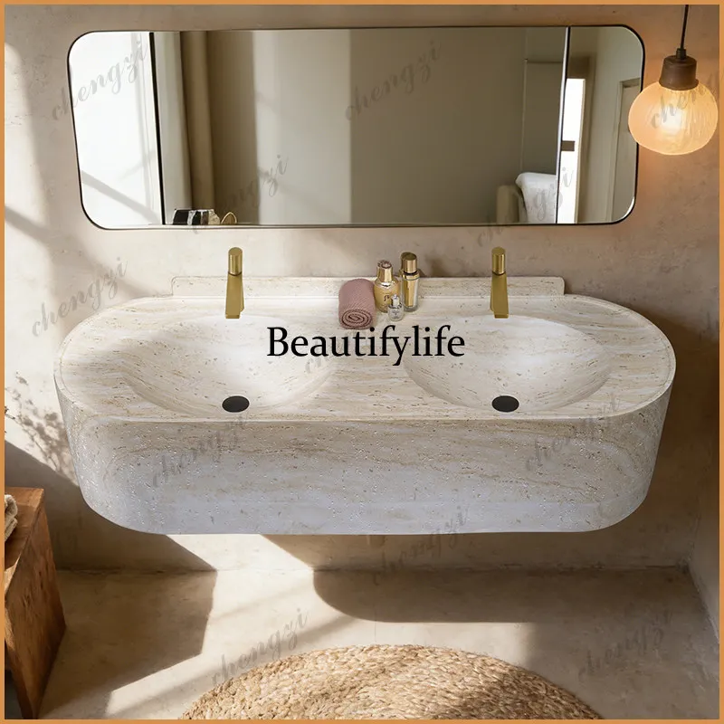 Z138 Cream wind natural marble wall-mounted washbasin oval double faucet advanced custom integrated hanging basin