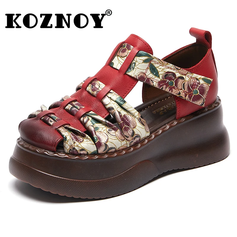 Koznoy 6cm splot letnie klapki krowa naturalna skóra damska damska modny haczyk platforma etniczna wygodne buty z wycięciami