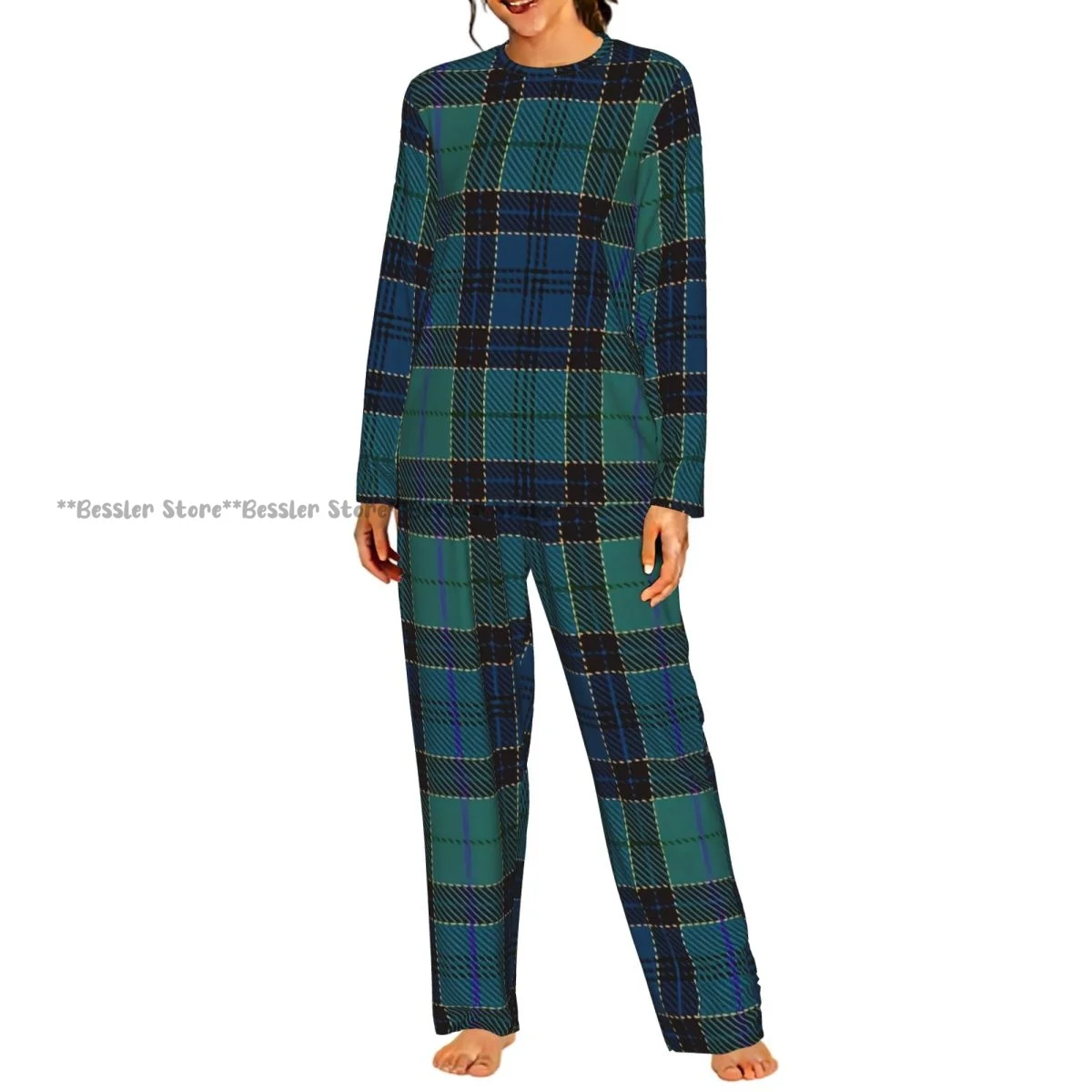 2 Piece Women Round Neck Pajamas Set Long Sleeve Long Pants Scottish Folklore Plaid Pattern Homewear Casual Daily Sleepwear
