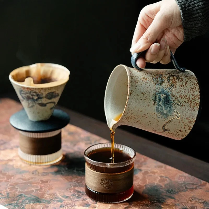 Blue And White Flint Red Coffee Cone Shape Drip Gold Drawing Peony Flower Hand Brewing Coffee Dripper Filter Funnel Barista Mugs
