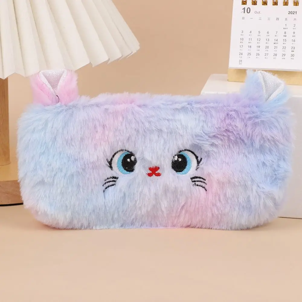 Bolsa de lápices de felpa Kawaii de gran capacidad, bolsa de almacenamiento de lápices de gato de peluche de dibujos animados, papelería escolar, suministros de escritura