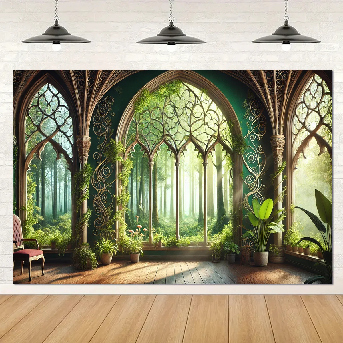 Large Gothic Archway Tapestry Wall Mural Botanical Forest Background Decor Tapestry Print Fantasy Nature Wall Art Wallpaper for