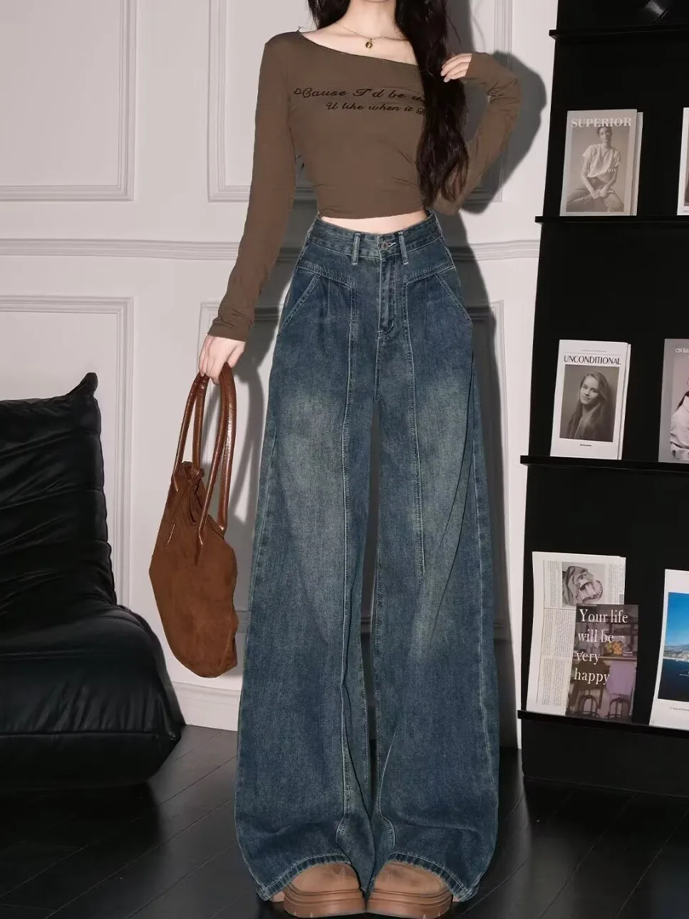 High Waist Wide Leg Denim Jeans Women's plus Size Fall Loose Fitting Pear Shaped Body Jeans Retro Style Wear Resistant