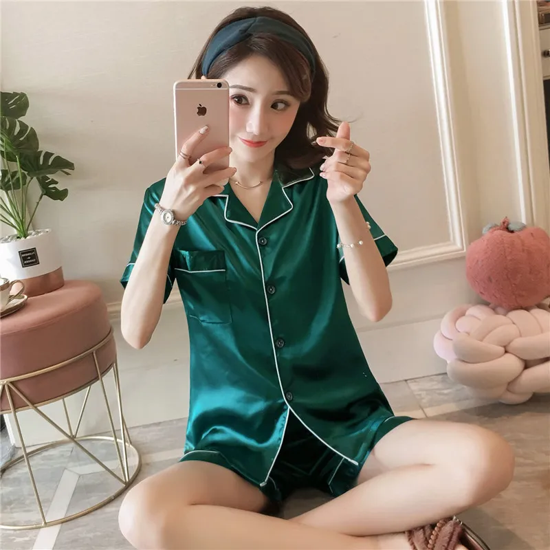 2PCS/Set Plus Size Women Pajamas Simple Solid Buttons Cardigan Short-Sleeved Shorts Homewear Thin Section Ladies Fashion Outside