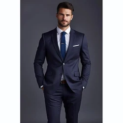 Navy Blue Fashion Chic Suits For Men 2 Piece Jacket Pants Single Breasted Peak Lapel Business Gentleman Formal Prom Full Set