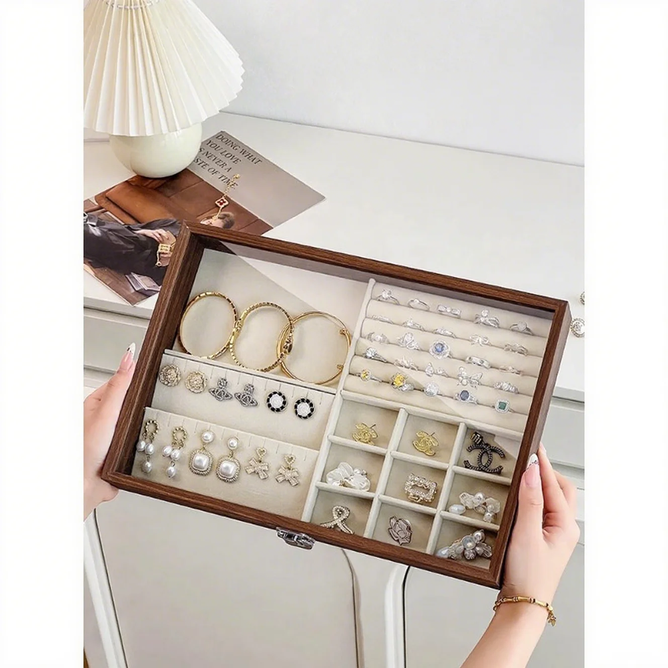 Anti-Tarnish Jewelry Box with Velvet Lining, Multi-Compartment Organizer for Rings/Bracelets/Crystal Jewelry, Spacious Display C