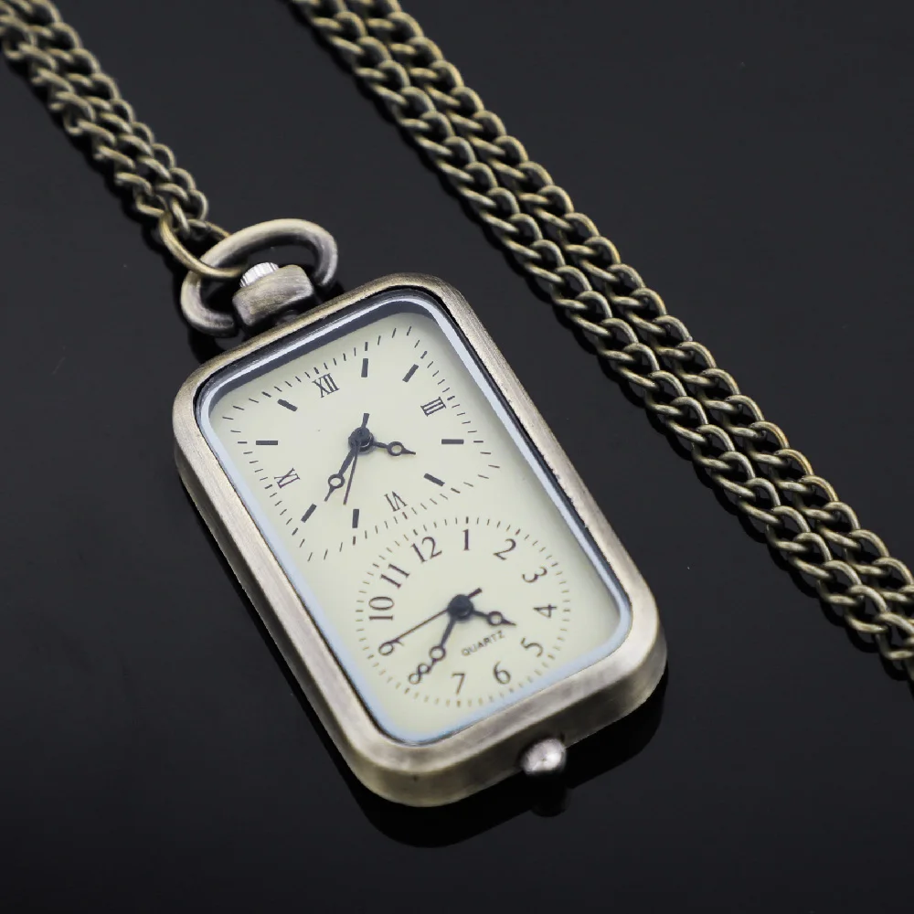 خمر مستطيل ثنائي اللغة تصميم ساعات الجيب خمر الأرقام الرومانية العربية الطلب قلادة الكوارتز فوب الساعات ساعة حائط هدية