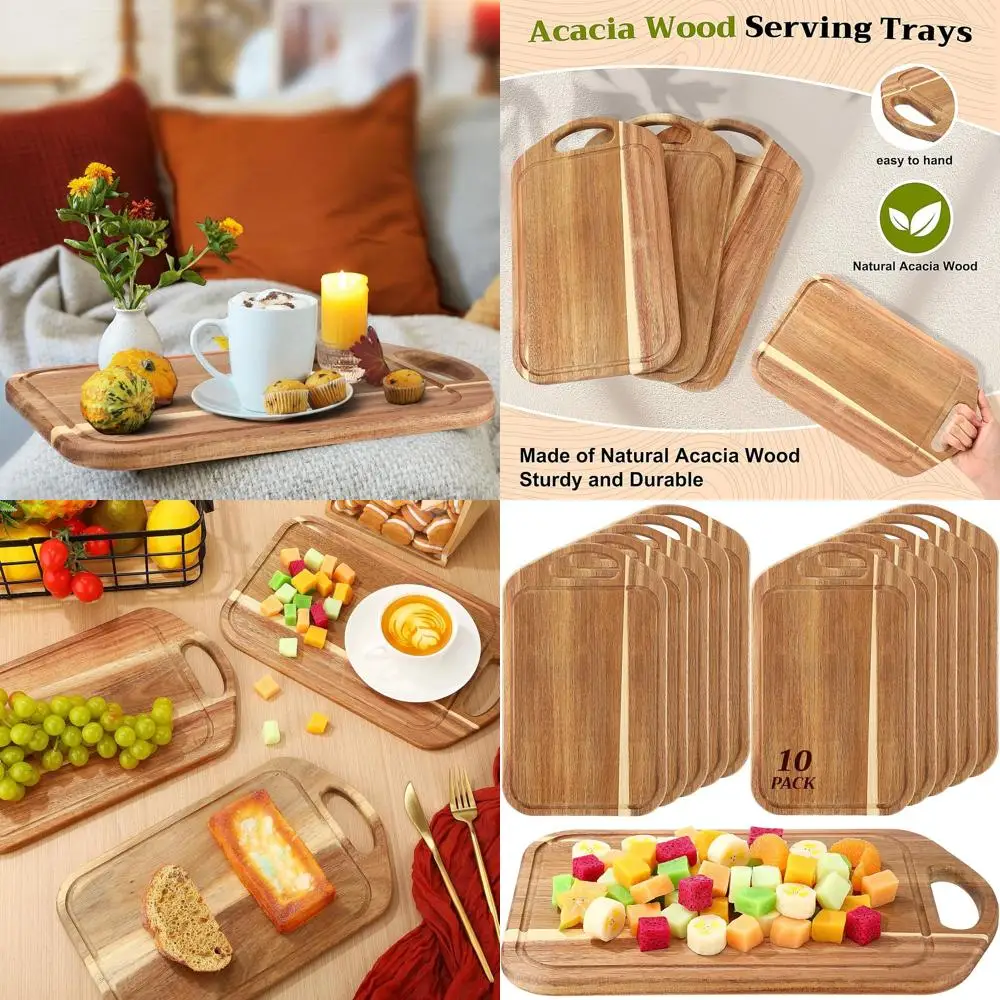

Set of 10 Acacia Wood Charcuterie Boards with Bamboo Serving Trays, 13x7.8 inches, Perfect for Kitchen, Parties, and Gifts