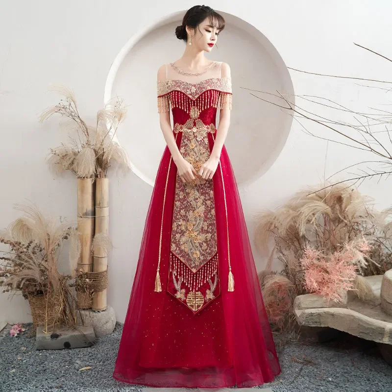 Bridal Dresses 2022 New Autumn and Winter Wine Red Temperament Chinese Wedding Dresses Wedding Engagement Dresses Lady