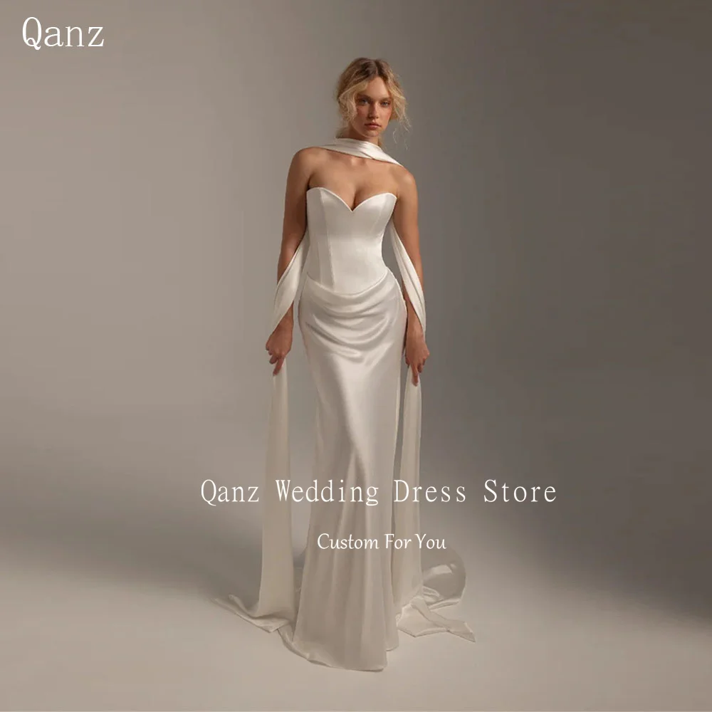 Qanz Minimalism Mermaid Wedding Dresses Bride Soft Satin Ivory Robe De Mariée Open Back Women Vestido De Novia Customized