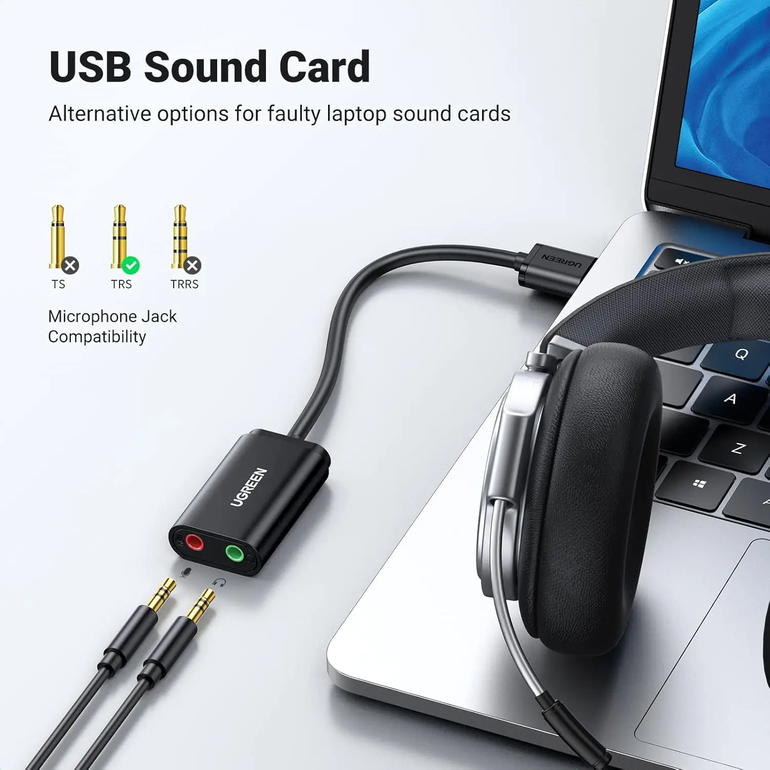 UGREEN USB 사운드 카드 USB 2.0 to 3.5mm 잭 오디오 어댑터 듀얼 AUX 스테레오 헤드폰 마이크 분배기 외장 DAC 동글