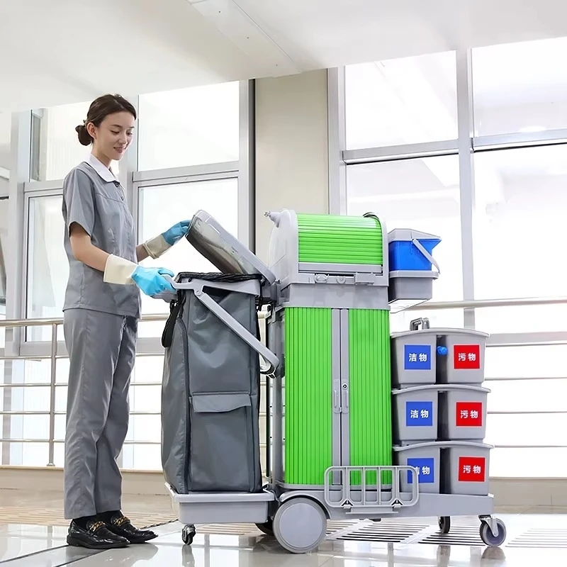 Commercial Lockable Plastic Compact Janitorial Cleaning Cart with Double Trash Bags Source Separation Feature