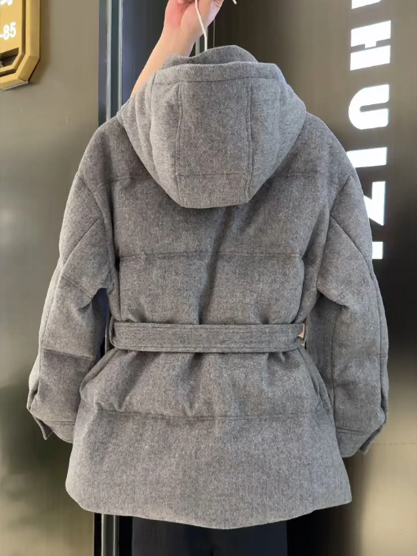 Ele ey Hooded Mid-Length down Jaet Women's Thiened Warm Slimming Outerwear Commute Sle High Waist Polyester Fiber