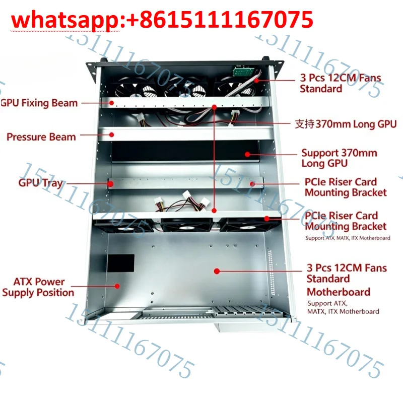 4U ATX Industrial Chassis Support 6/8 GPUs, AI Computing Server Case
