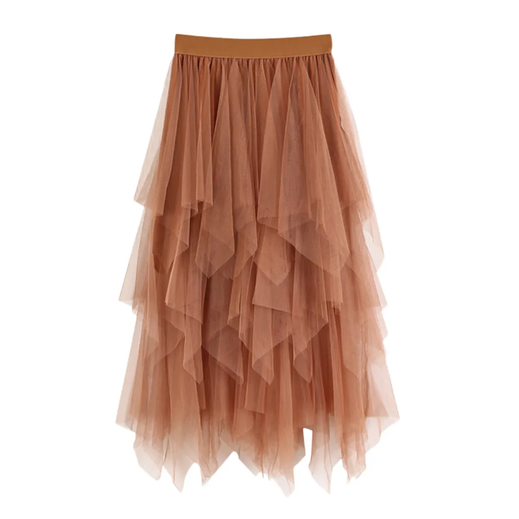 Women's Elegant Solid Colour Mesh Half Body Skirt Fashion High Waisted Casual Tutu Skirt Irregular Ruffle Long Puffy Skirt