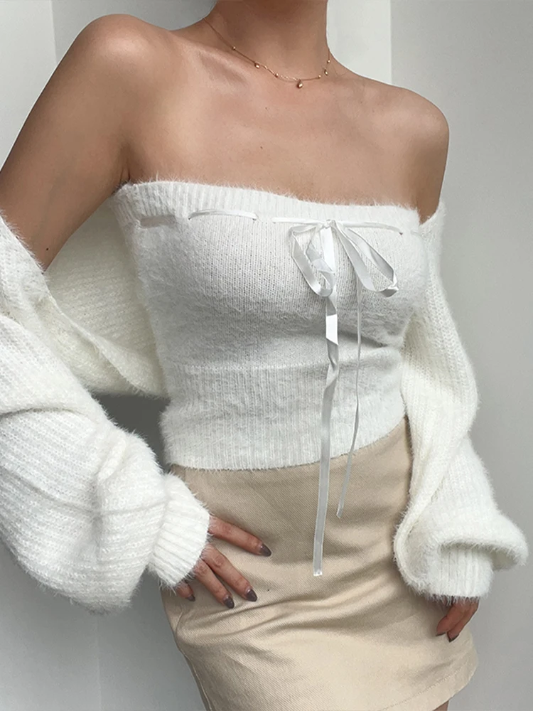 Fuzzy Knitted Bolero Cardigan Set Tube Top with Bow Long Sleeve Open Front Cropped Shrug Sweater Women Teengirl Acubi Y2K Outfit