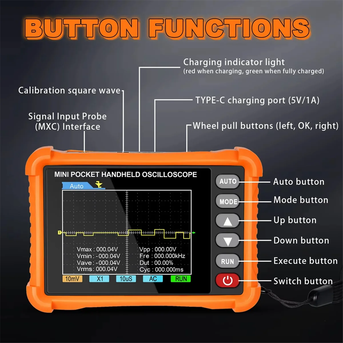 AA98 Handheld Digital Oscilloscope,2.5MS/S Real Time Sampling Rate & 500kHz Bandwidth, BT-500K 2.8-Inch Display Oscilloscope