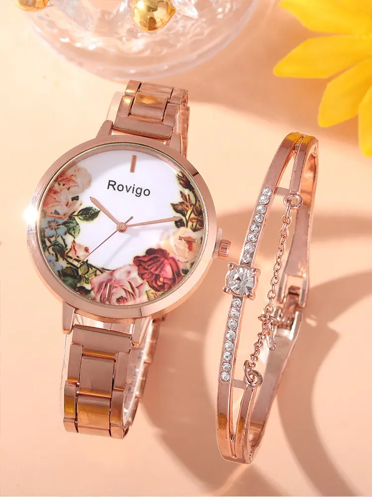 3PCs Women\'s Fashion Flower Plant Round Steel Band Quartz Watch+Diamond Star Bracelet Combination Set