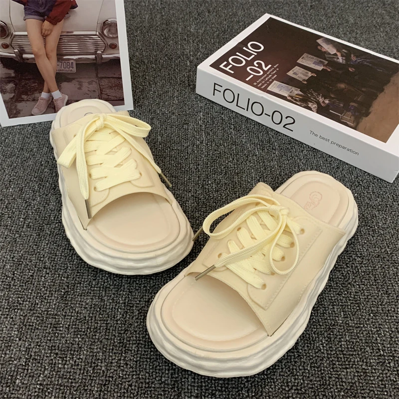 Internet Celebrity Bread Thick-soled Slippers Women's Summer Fashion Casual Personality Sweet Sponge Cake Lace-up Student Beach